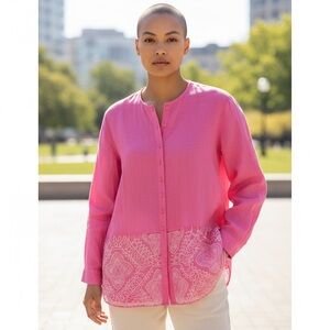 Como 100% Linen Pink Tunic Button Up Sz Med Embroidery Sheer Boho